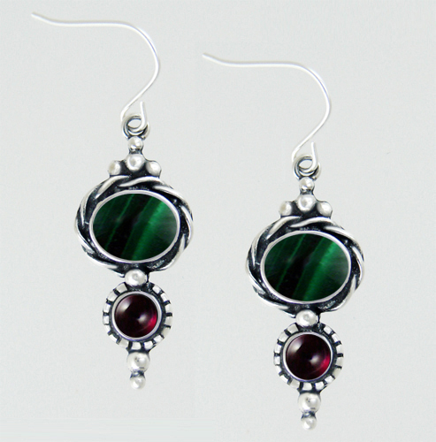 Sterling Silver Drop Dangle Earrings With Malachite And Garnet